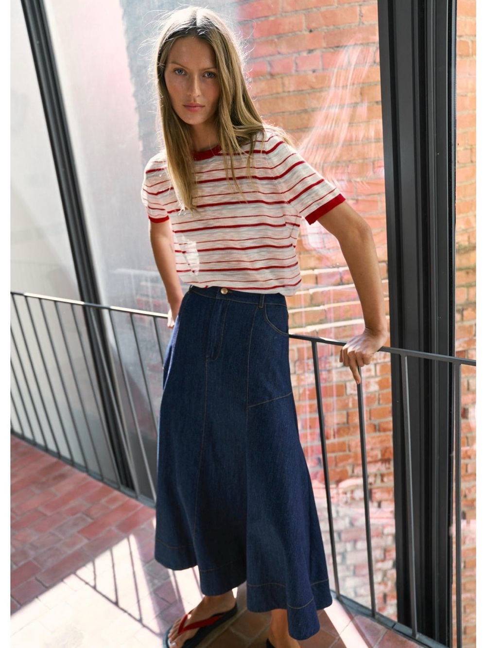Zara Dark Blue A-Line Midi Denim Skirt